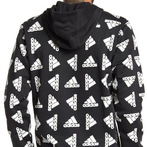 Adidas All Over Print Fleece Hoodie M Black New NWT Sweater Long Sleeves Large - Picture 2 of 2